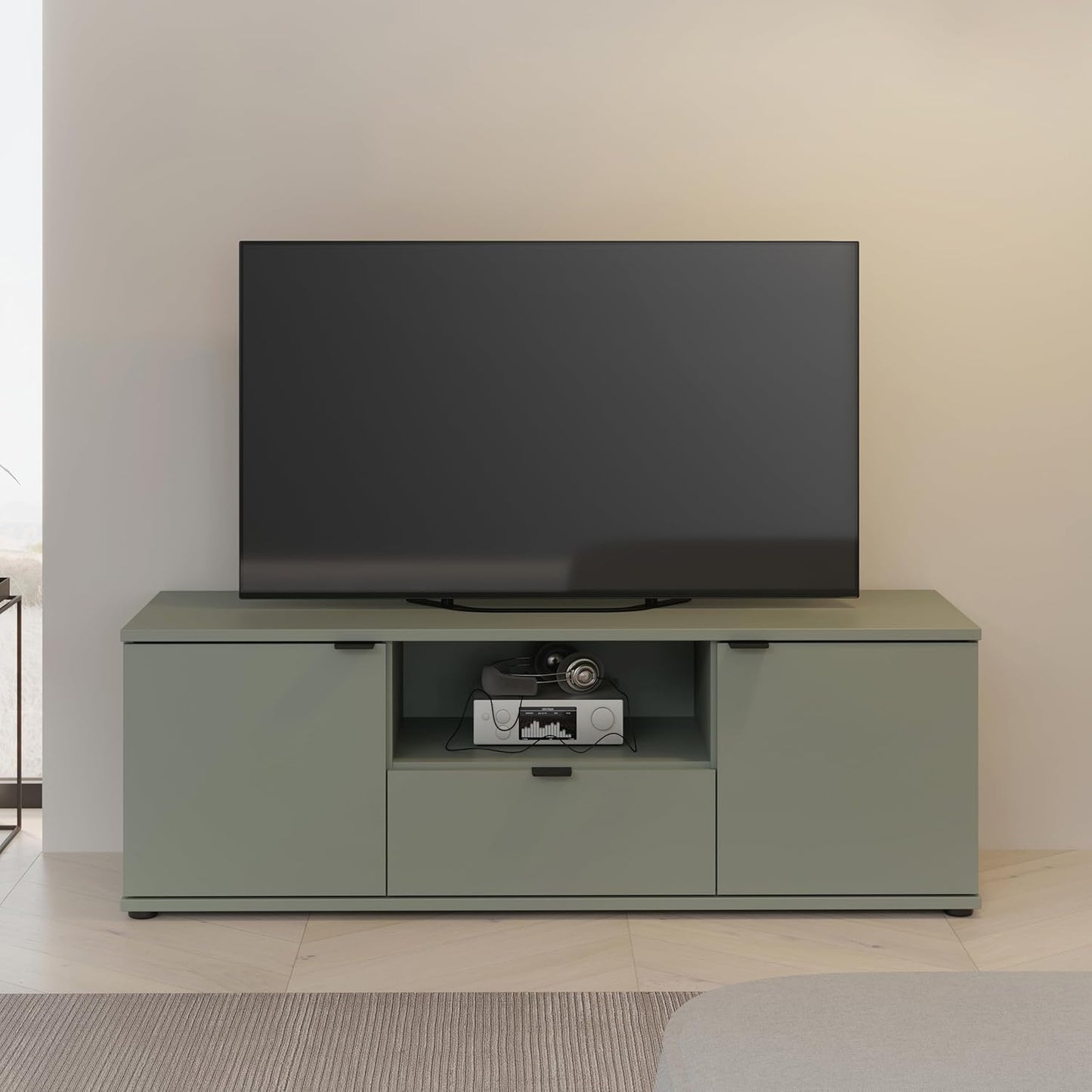 TV-Lowboard mit 2 Turen, 1 Schublade und offenem Fach aus Holzwerkstoff in Salbei, 129,8 ¡Á 43,9 ¡Á 41,3