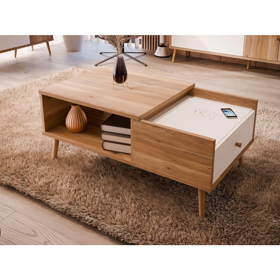 Couchtisch mit Schublade aus Holzwerkstoff in Mauvella-Eiche und Wei?, 106 ¡Á 45 ¡Á 60