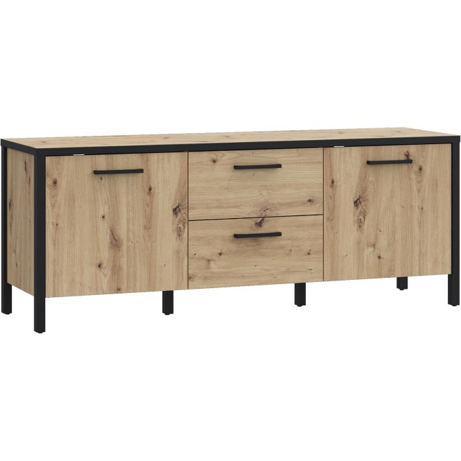 TV-Lowboard im Skandi-Stil mit 2 Turen und 2 Schubladen aus Holzwerkstoff in Artisan-Eiche und Schwarz matt, 139,8 ¡Á 54,3 ¡Á 40,2