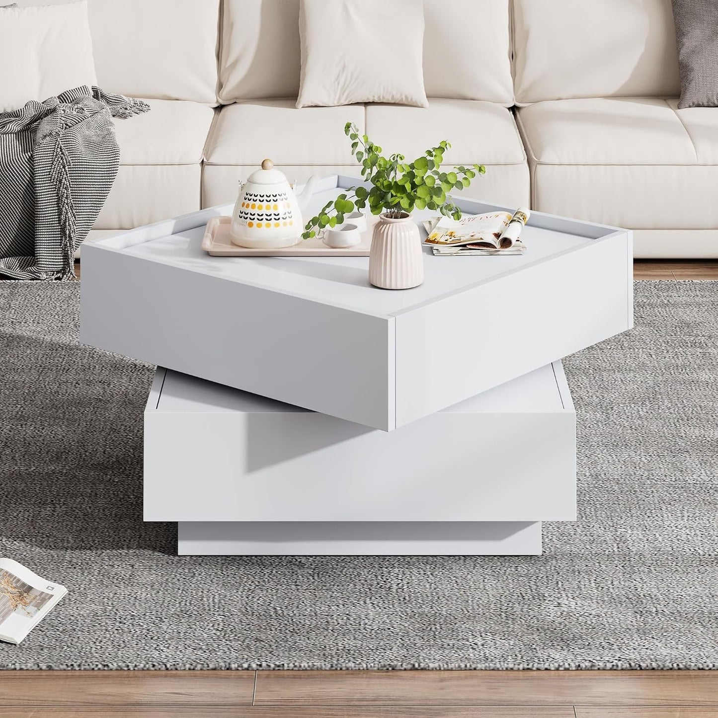 Quadratischer Couchtisch mit drehbarer Tischplatte und 2