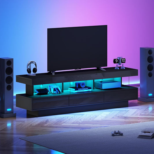 TV-Lowboard in Hochglanz mit LED-Beleuchtung, App-Steuerung, Bluetooth und 3 Glasfachern fur Fernseher bis 70
