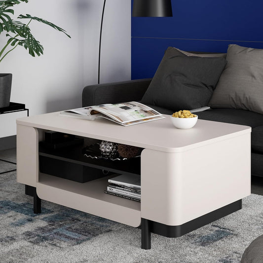 Couchtisch mit Stauraumfach aus Holzwerkstoff in Kaschmirbeige und Schwarz, 115 ¡Á 49,4 ¡Á 65,4