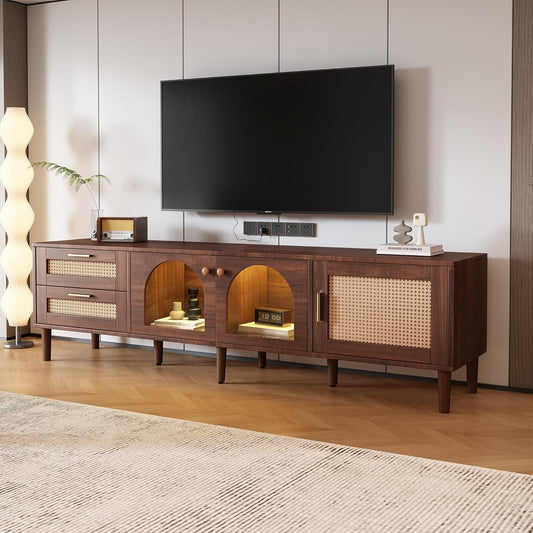 TV-Lowboard mit LED-Beleuchtung, 2 Rattan-Schubladen und 2 Glasturen fur Fernseher bis 80