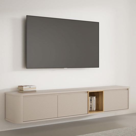 TV-Lowboard mit 3 Turen und beleuchtetem Fach aus Holzwerkstoff in Beige und Mauvella-Eiche, 215 ¡Á 41,5 ¡Á 41,3
