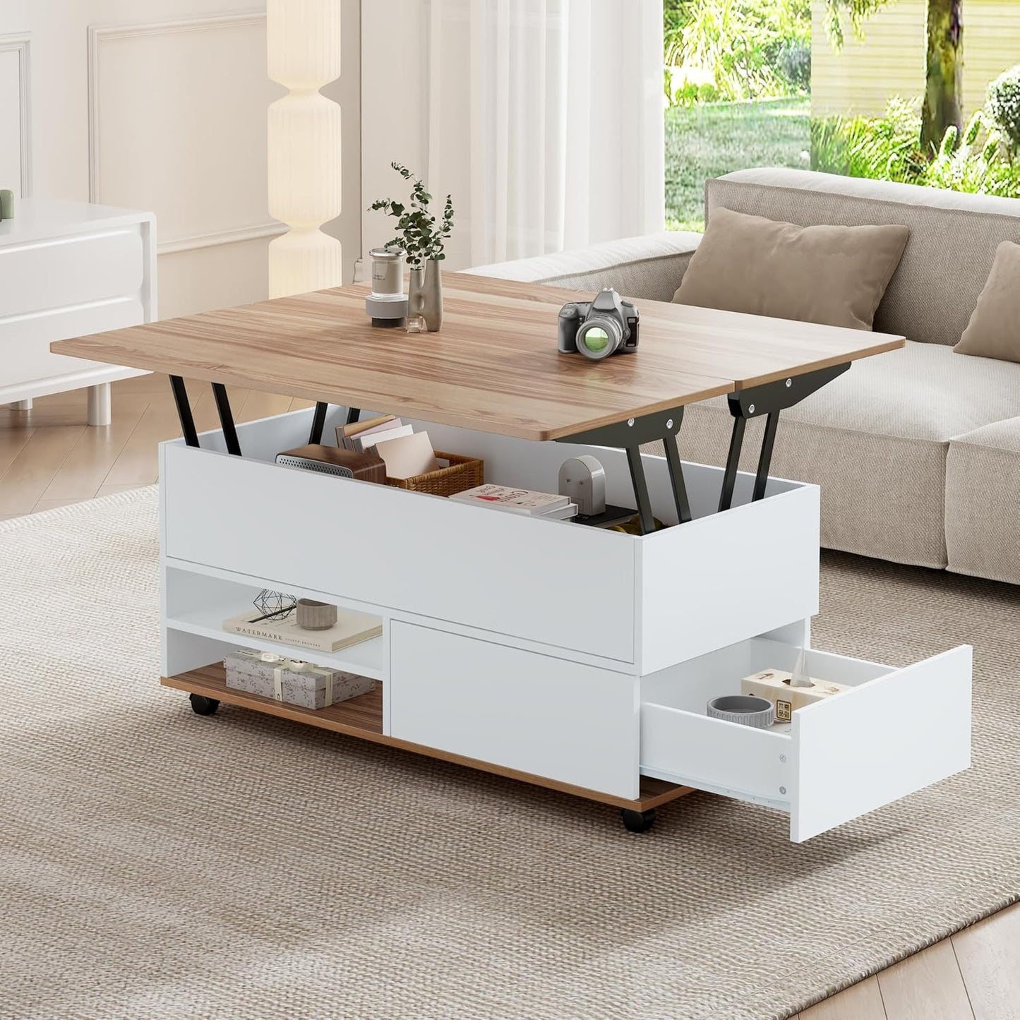 Hohenverstellbarer 3-in-1 Couchtisch mit Stauraum, Schubladen und Rollen, als Esstisch