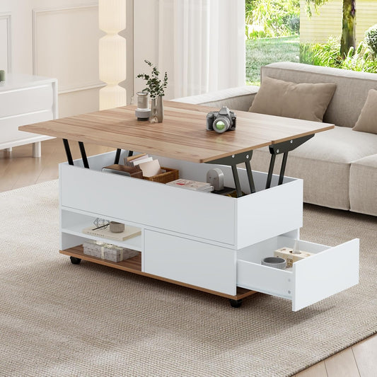 Hohenverstellbarer 3-in-1 Couchtisch mit Stauraum, Schubladen und Rollen, als Esstisch