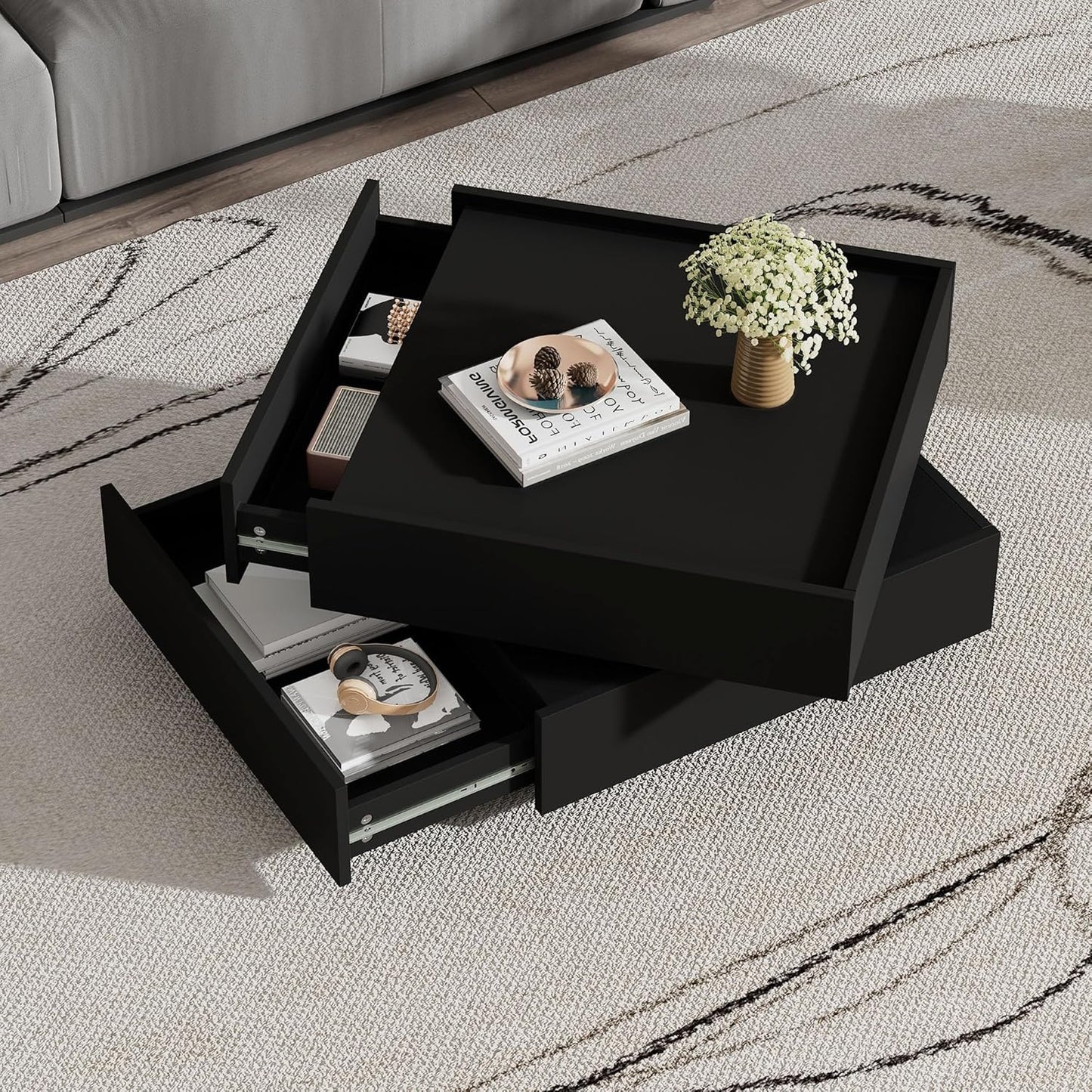 Quadratischer Couchtisch mit drehbarer Tischplatte und 2