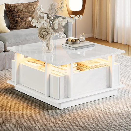 Couchtisch in Hochglanz Wei? mit LED-Beleuchtung, 2 Schubladen und