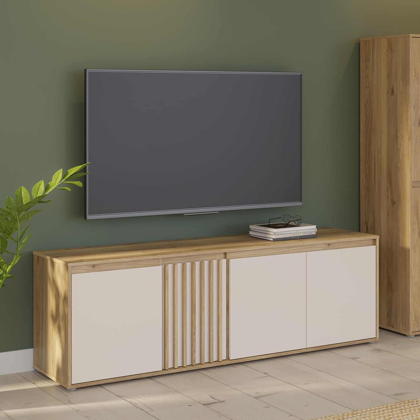 TV-Lowboard mit 4 Turen und Lamellendesign aus Holzwerkstoff in Mauvella-Eiche und Kaschmirbeige, 174,3 ¡Á 56,1 ¡Á 41,5
