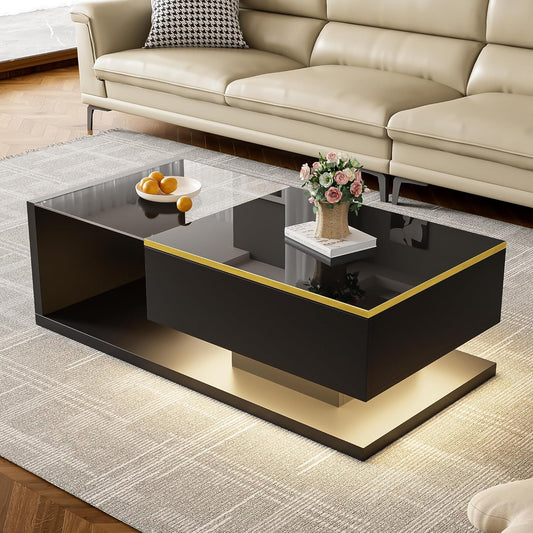 Couchtisch mit Glasplatte, LED-Beleuchtung und Stauraum, 100 ¡Á 50 ¡Á 32,5