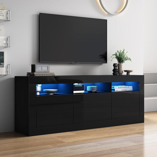 TV-Lowboard in Hochglanz mit LED-Beleuchtung, 3 offenen Fachern, 2 Turen und 2 Schubladen fur Fernseher bis 70