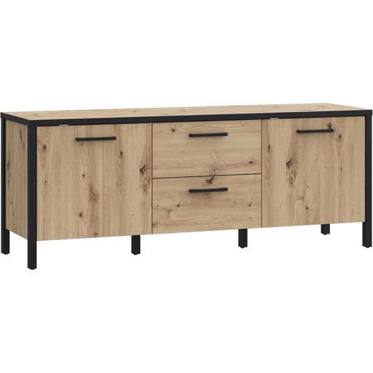 TV-Lowboard im Skandi-Stil mit 2 Turen und 2 Schubladen aus Holzwerkstoff in Artisan-Eiche und Schwarz matt, 139,8 ¡Á 54,3 ¡Á 40,2